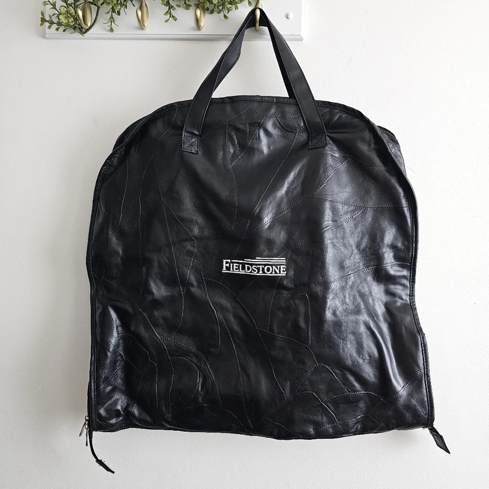 Fieldstone Genuine Buffalo Leather Garment Bag Black Travel Suit Carrier Zip